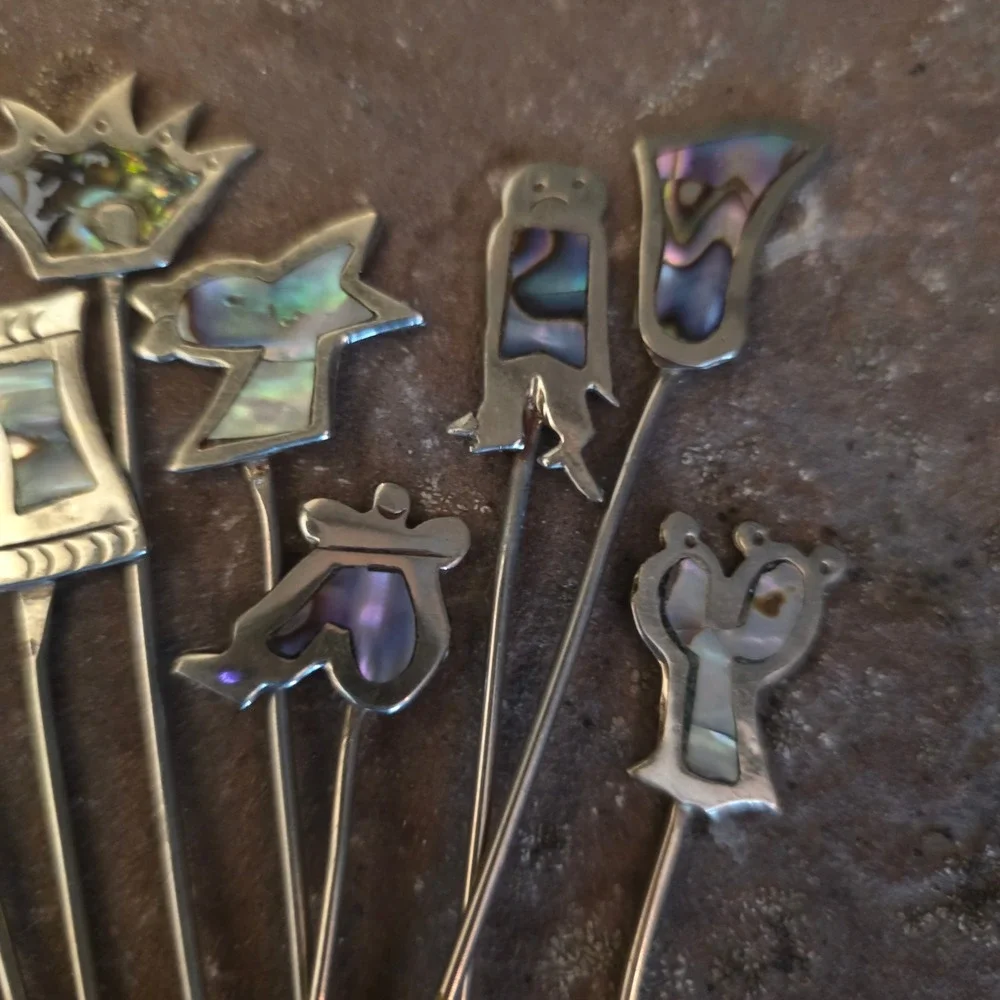 Vintage Alpaca Silver Abalone Inlay Cocktail Forks Set Mexican Cactus Bird Fish